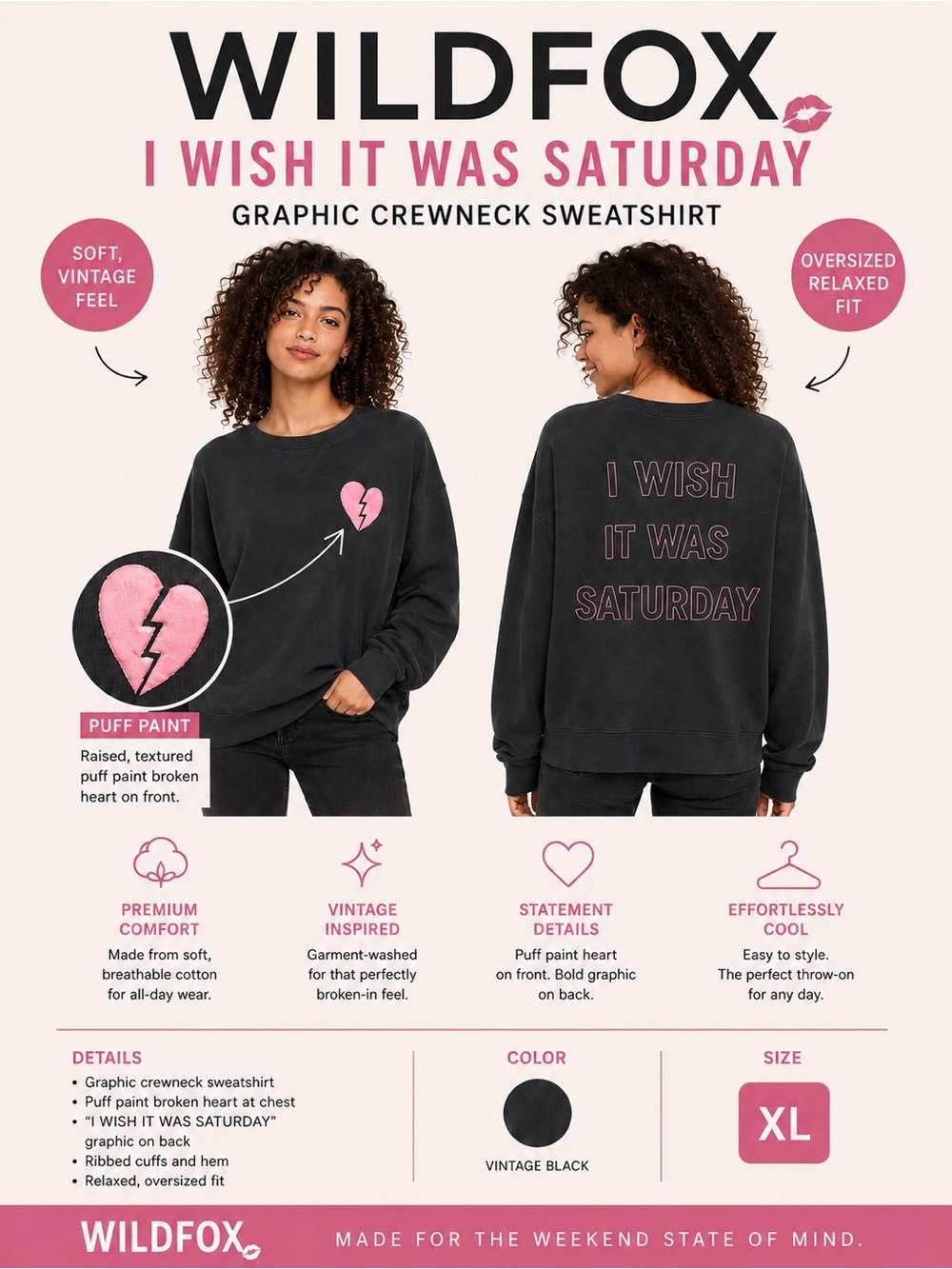 Wildfox Charcoal Sweatshirt Puff Pink broken Heart “wish it was Saturday“ XL NWT